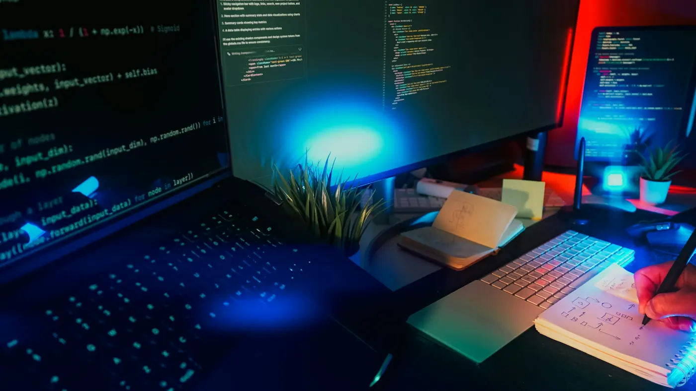 Developer workspace with code on screens